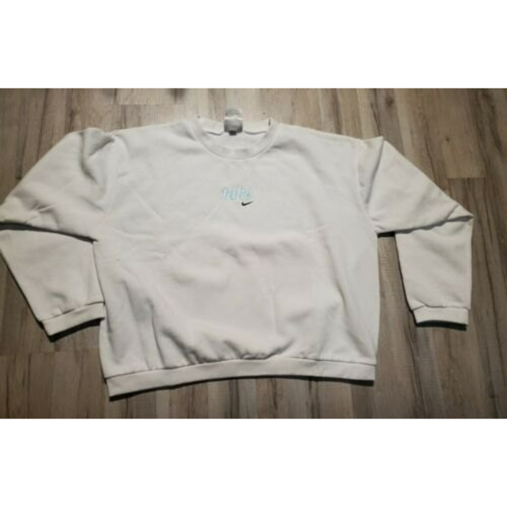 Women's Nike Sweatshirt Large 12 14  White Short Embroidered Aqua Navy Blue Logo